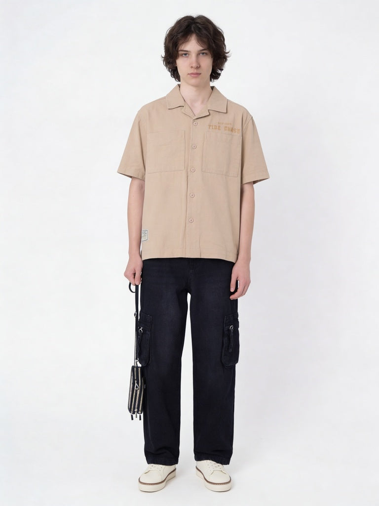 Boys Beige Embroidered Cotton Shirt
