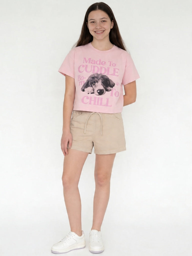 Girls Pink Printed Cotton T-Shirt