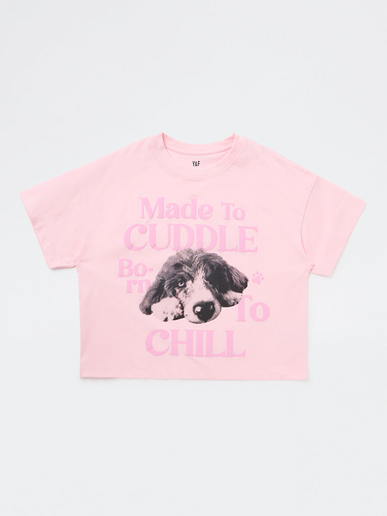 Girls Pink Printed Cotton T-Shirt