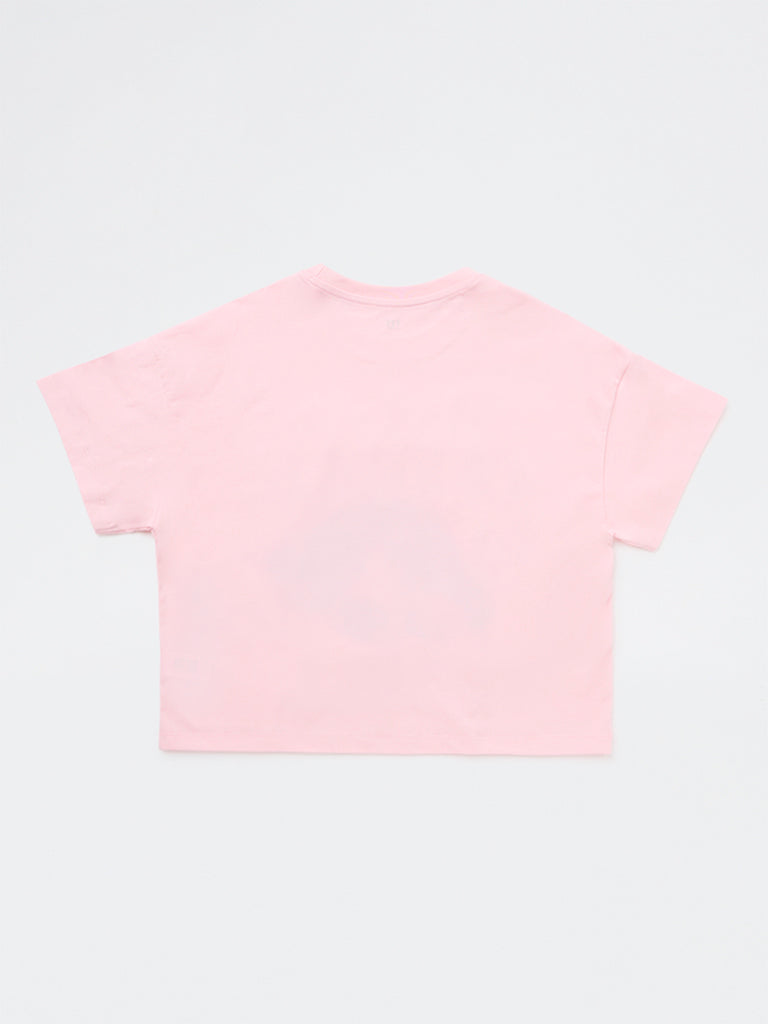 Girls Pink Printed Cotton T-Shirt