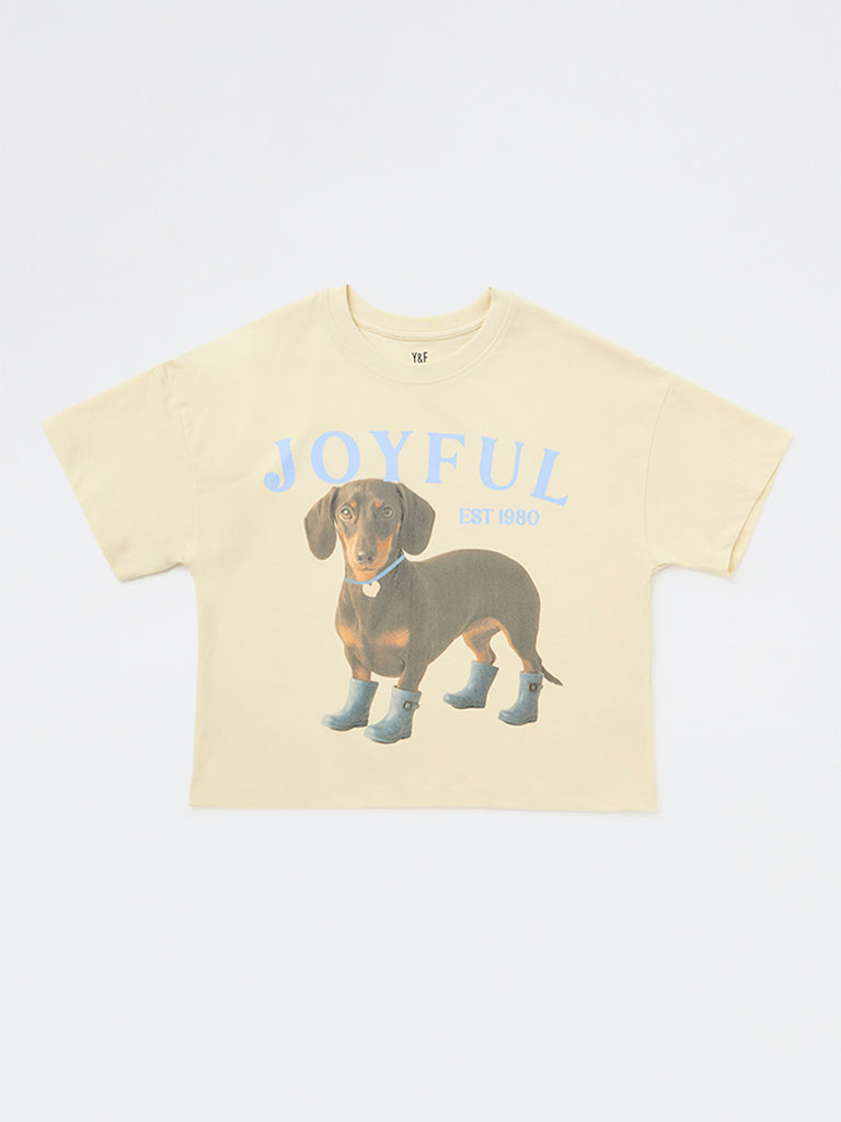 Girls Yellow Printed Cotton T-Shirt
