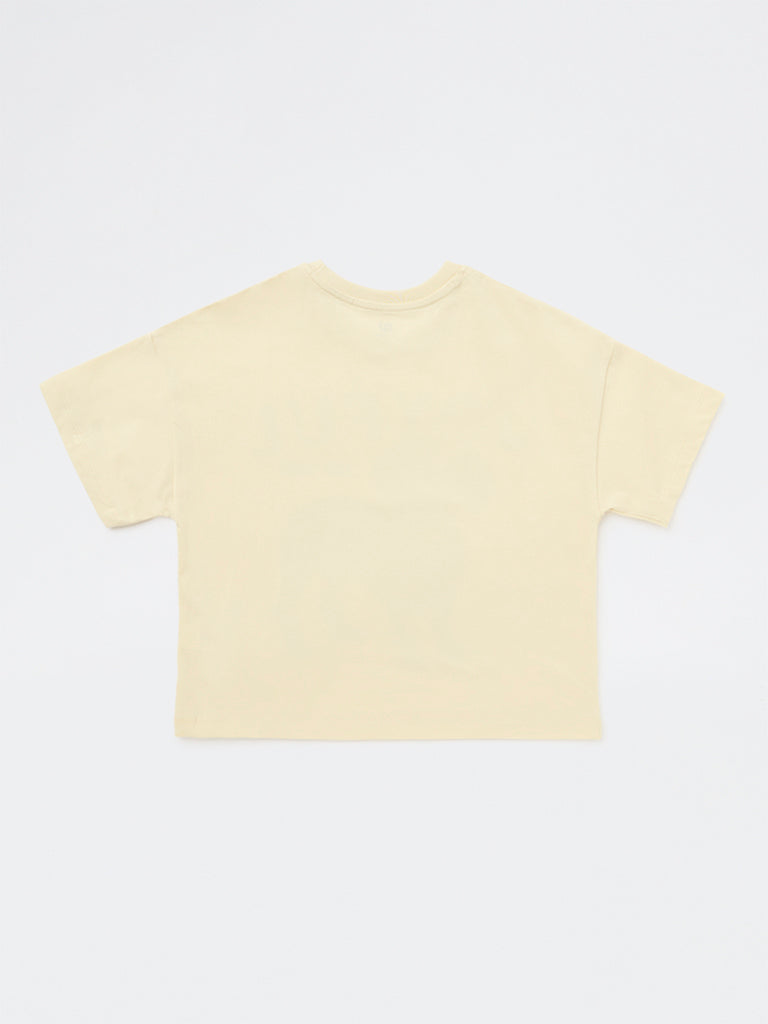 Girls Yellow Printed Cotton T-Shirt