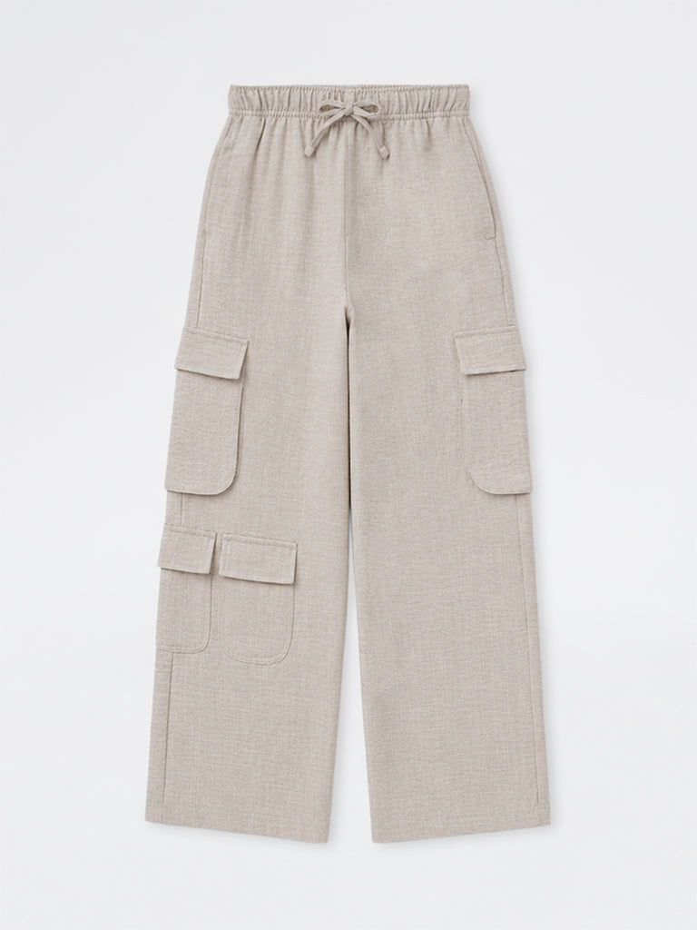 Girls Light Taupe Crinkle-Textured High-Rise Cargo Trousers