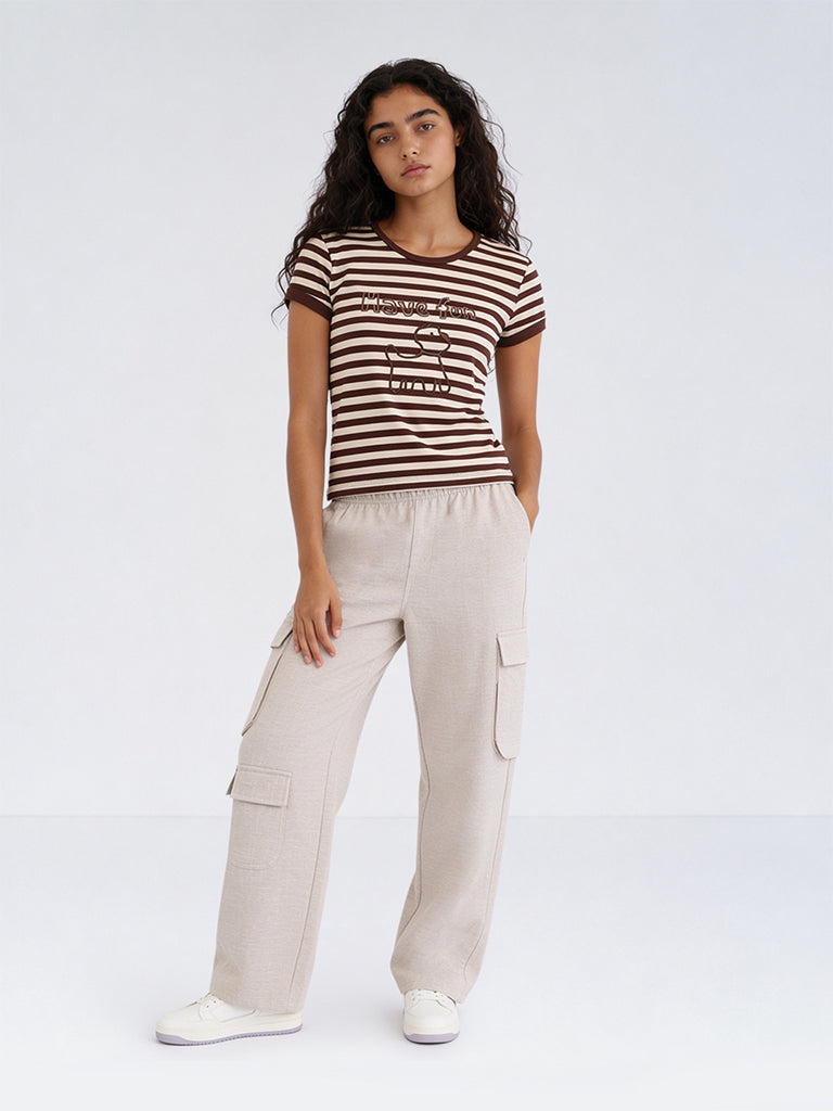 Girls Light Taupe Crinkle-Textured High-Rise Cargo Trousers