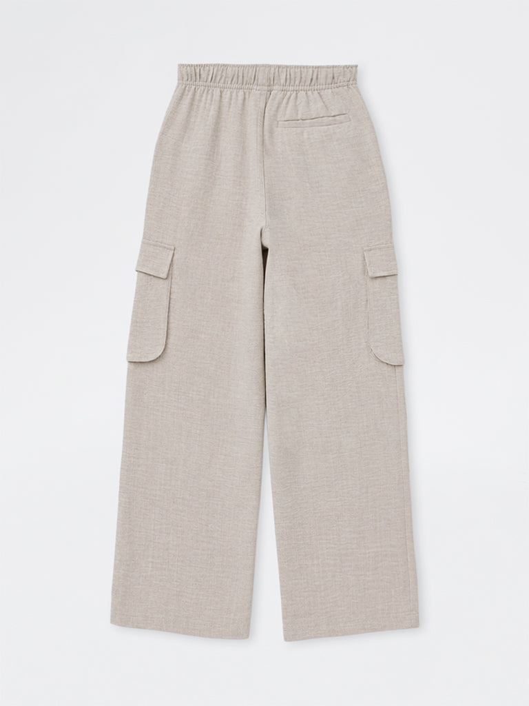 Girls Light Taupe Crinkle-Textured High-Rise Cargo Trousers