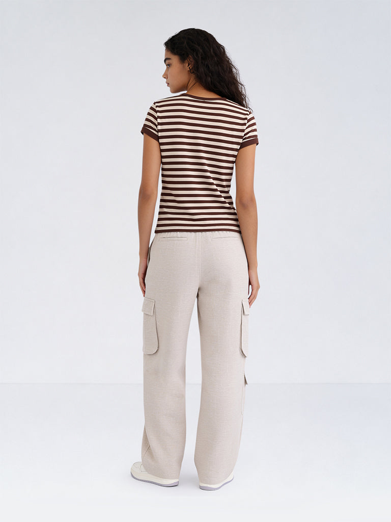 Girls Light Taupe Crinkle-Textured High-Rise Cargo Trousers