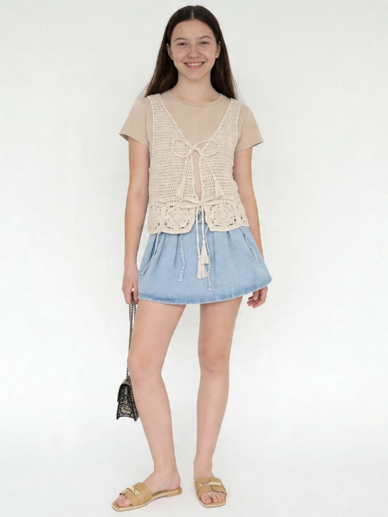Girls Beige Crochet Design Cotton-Blend Waistcoat with T-Shirt Set