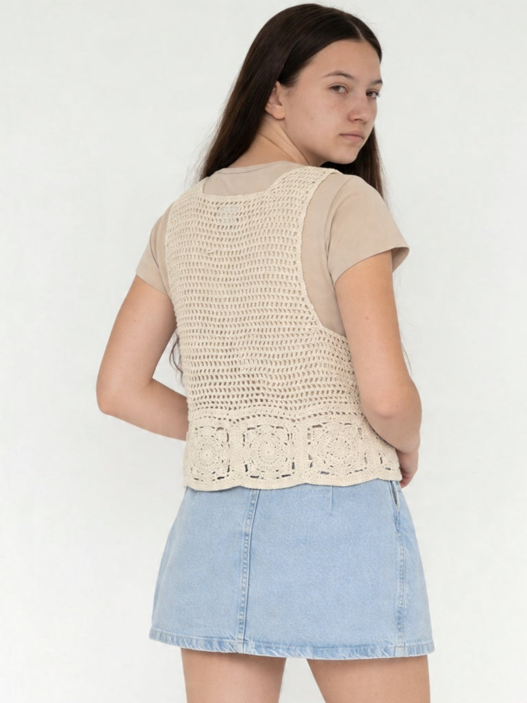 Girls Beige Crochet Design Cotton-Blend Waistcoat with T-Shirt Set