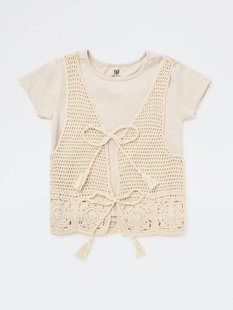 Girls Beige Crochet Design Cotton-Blend Waistcoat with T-Shirt Set
