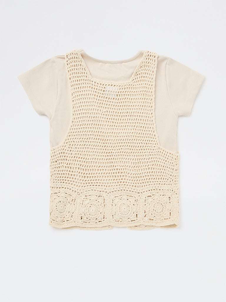 Girls Beige Crochet Design Cotton-Blend Waistcoat with T-Shirt Set