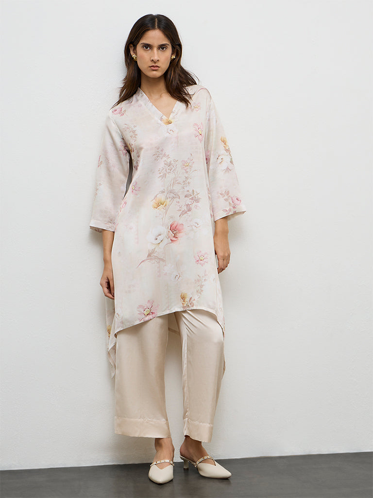 Zuba Beige Floral Printed Linen Blend A-Line Kurta