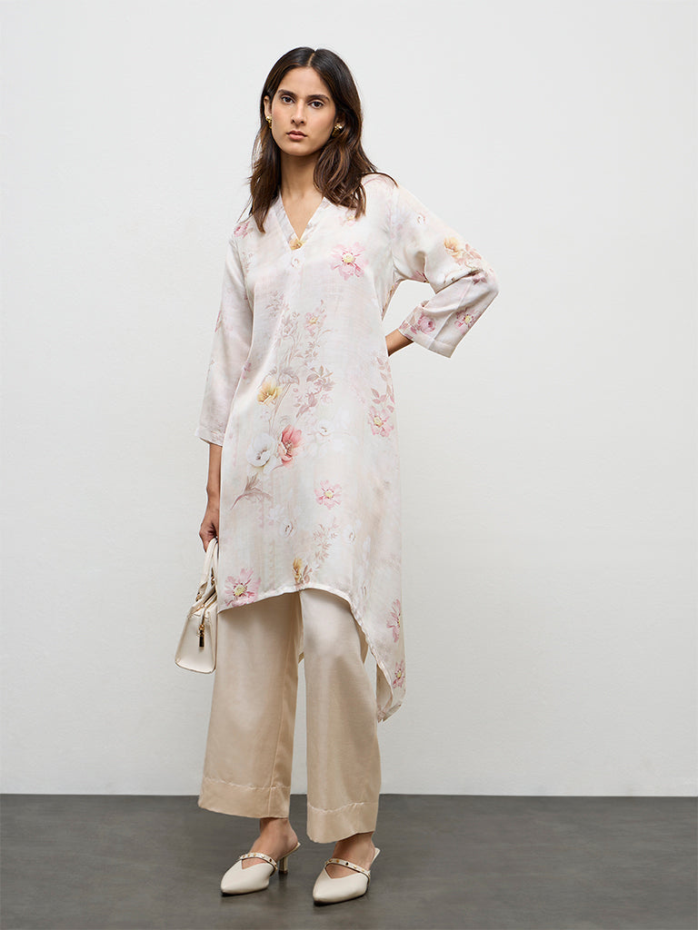 Zuba Beige Floral Printed Linen Blend A-Line Kurta