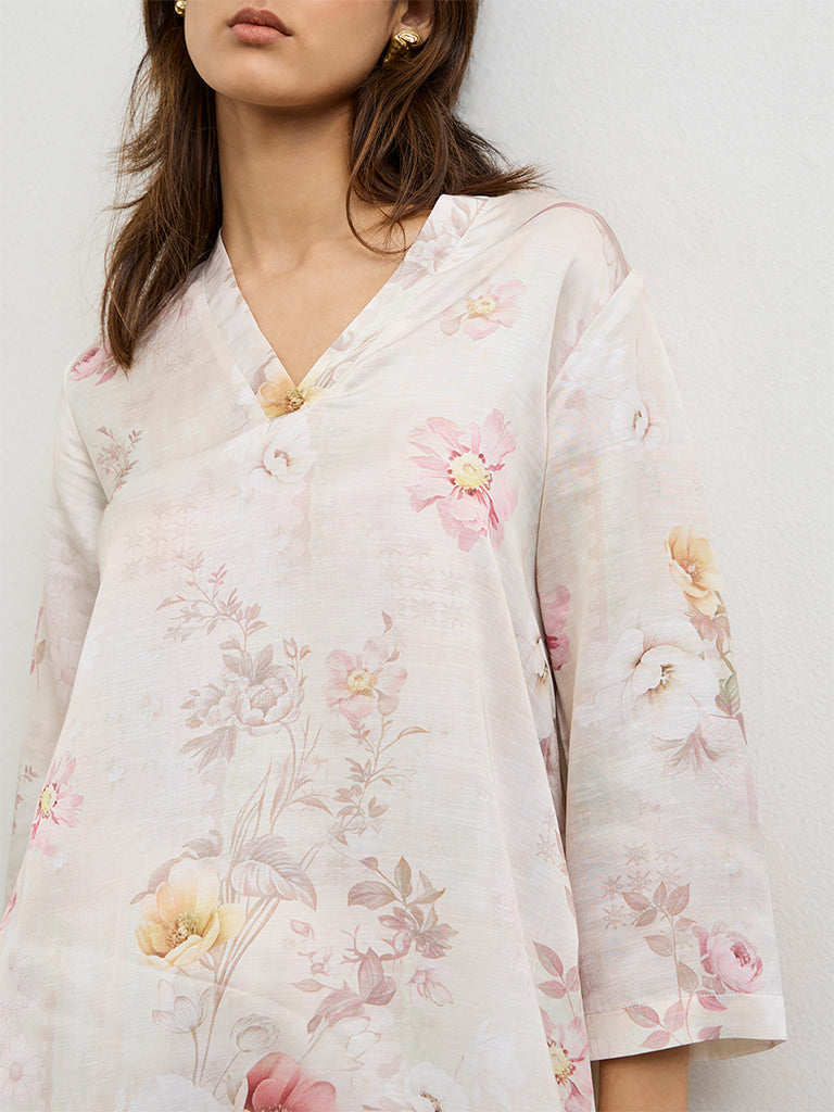 Zuba Beige Floral Printed Linen Blend A-Line Kurta