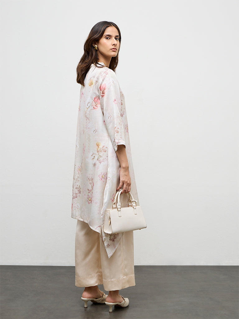Zuba Beige Floral Printed Linen Blend A-Line Kurta
