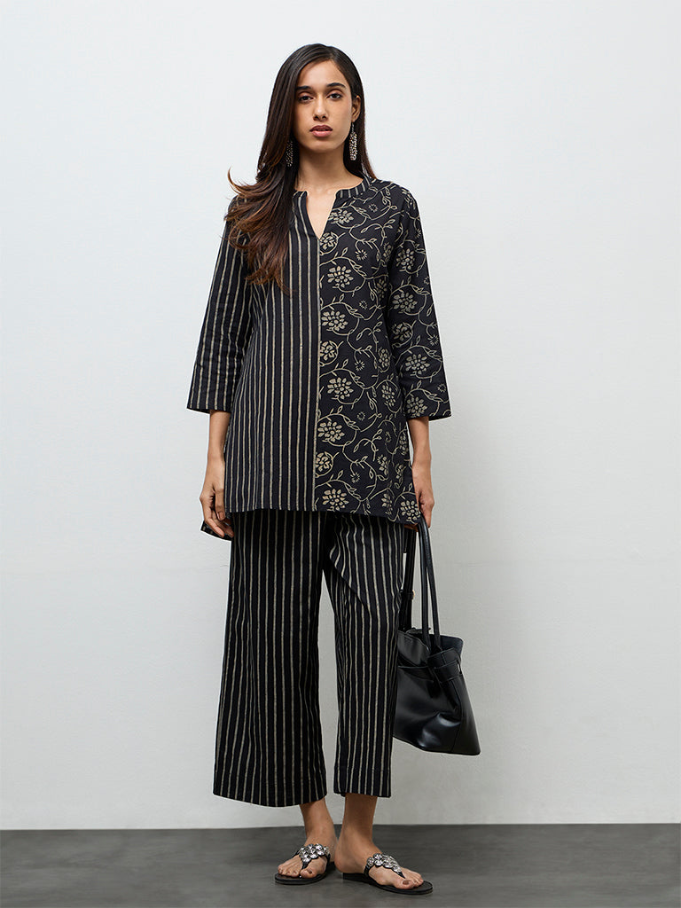 Utsa Black Printed High-Low Cotton-Blend Tunic