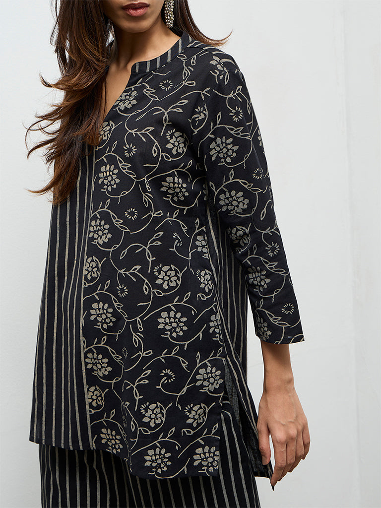 Utsa Black Printed High-Low Cotton-Blend Tunic