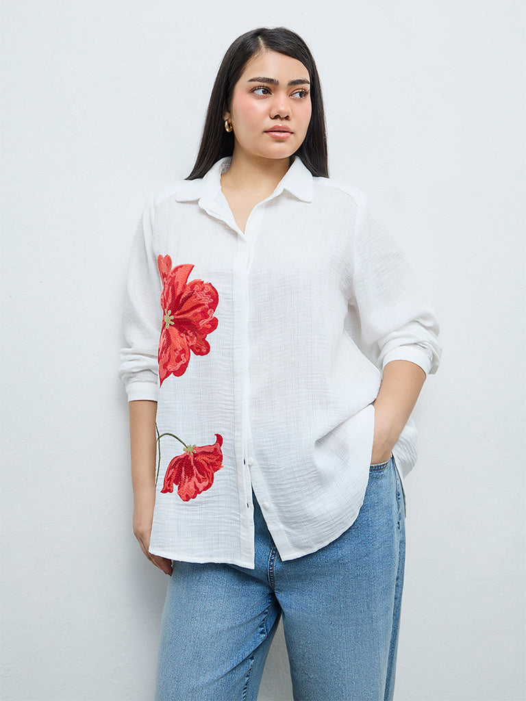 Gia White Floral Embroidered Shirt