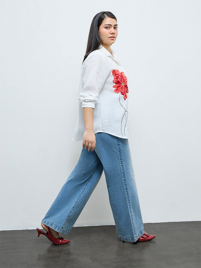Gia White Floral Embroidered Shirt