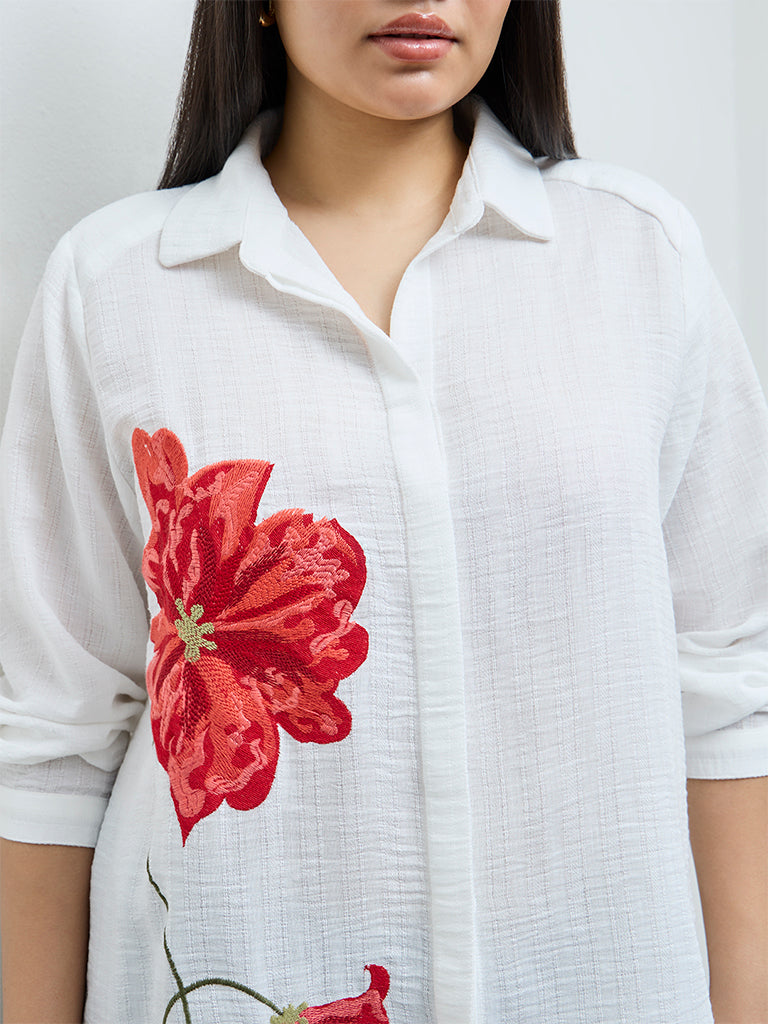 Gia White Floral Embroidered Shirt