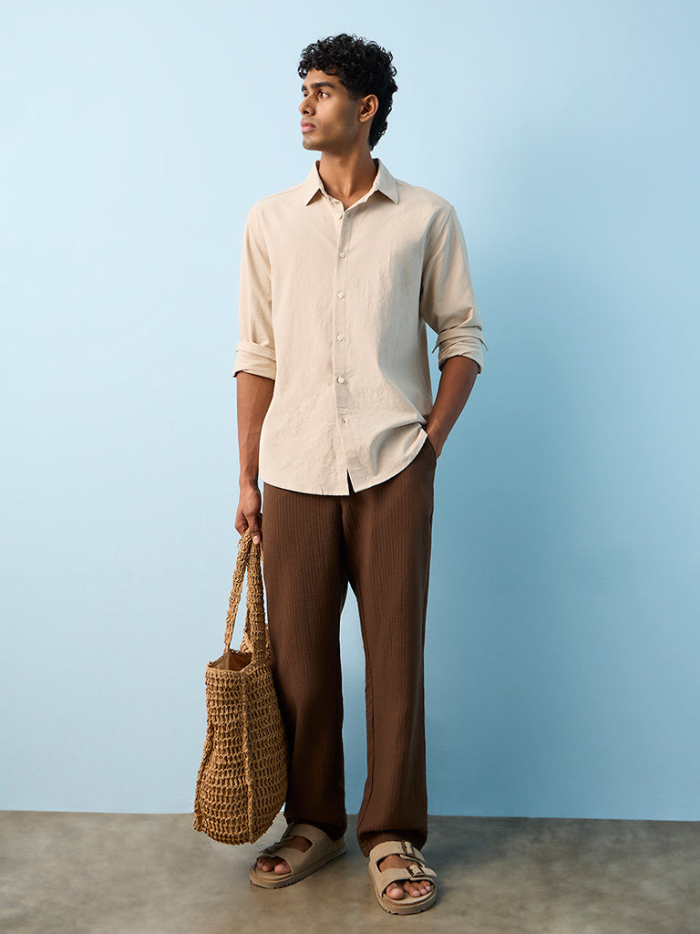ETA Brown Textured Relaxed-Fit Mid-Rise Cotton Pants