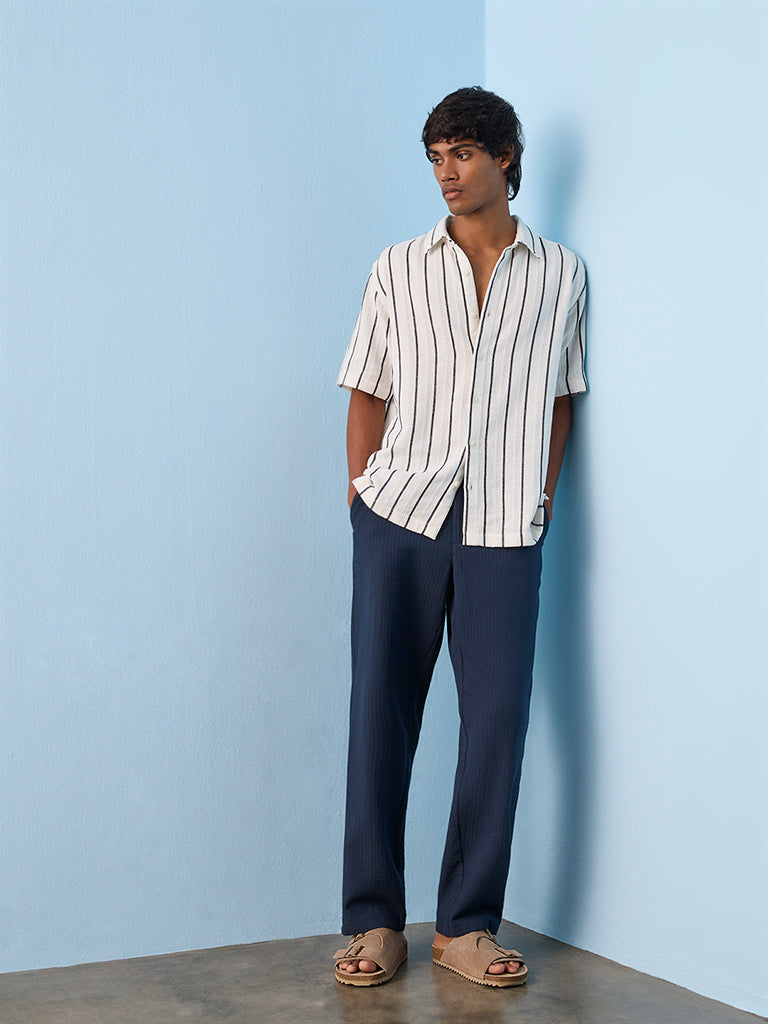 ETA Dark Blue Self-Striped Relaxed-Fit Mid-Rise Cotton Pants