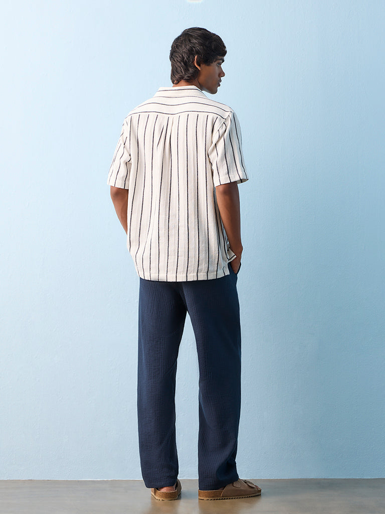 ETA Dark Blue Self-Striped Relaxed-Fit Mid-Rise Cotton Pants
