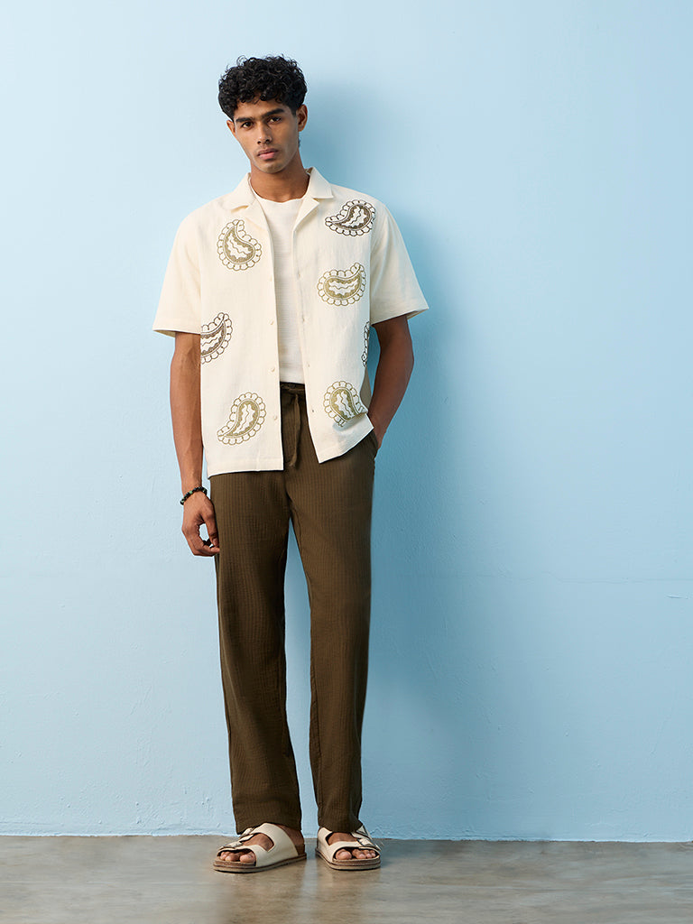 ETA Dark Olive Textured Relaxed-Fit Mid-Rise Cotton Pants