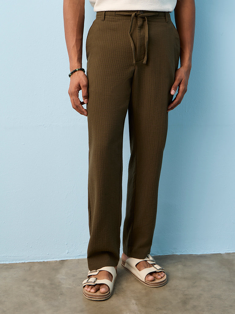 ETA Dark Olive Textured Relaxed-Fit Mid-Rise Cotton Pants