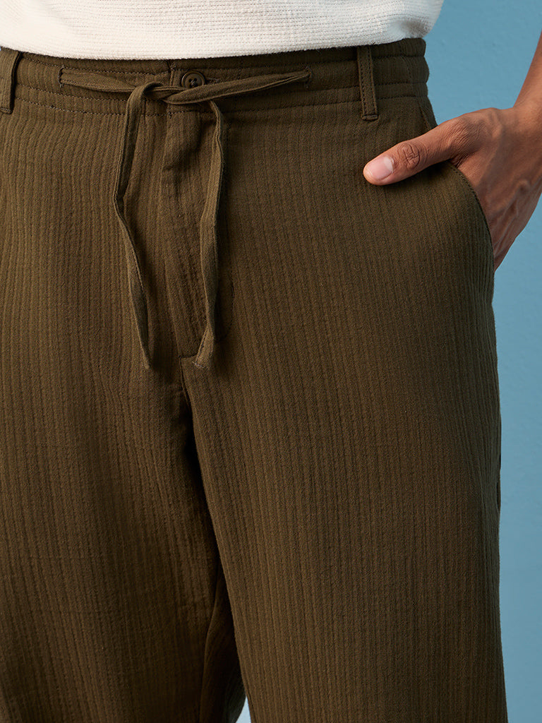 ETA Dark Olive Textured Relaxed-Fit Mid-Rise Cotton Pants
