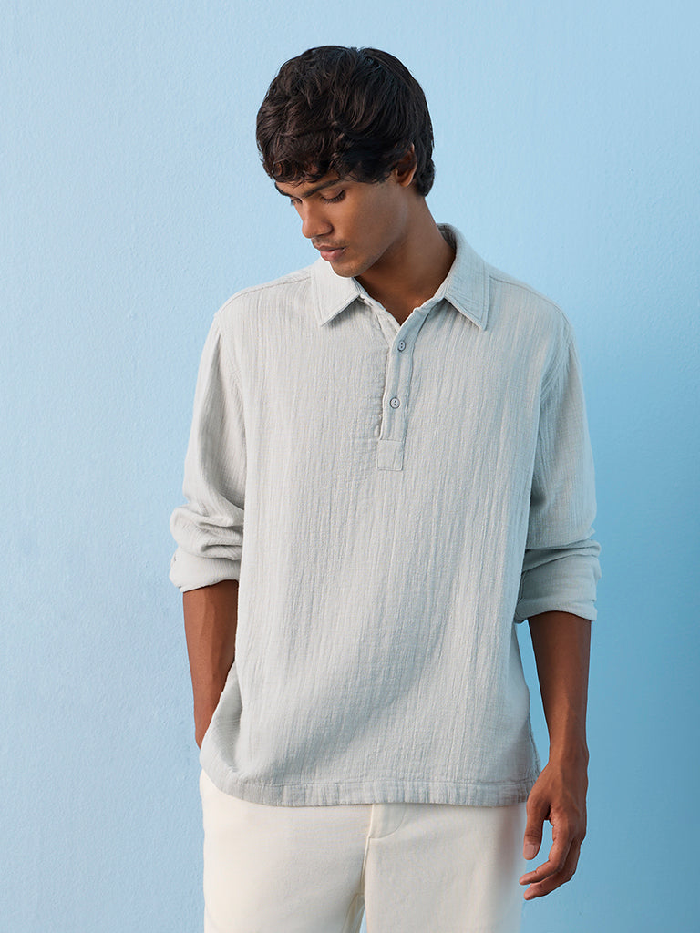 ETA Light Blue Crinkle Textured Relaxed-Fit Cotton Shirt
