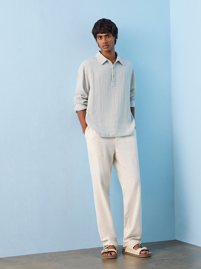 ETA Light Blue Crinkle Textured Relaxed-Fit Cotton Shirt