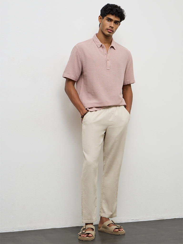 ETA Dusty Pink Textured Relaxed-Fit Cotton Polo T-Shirt