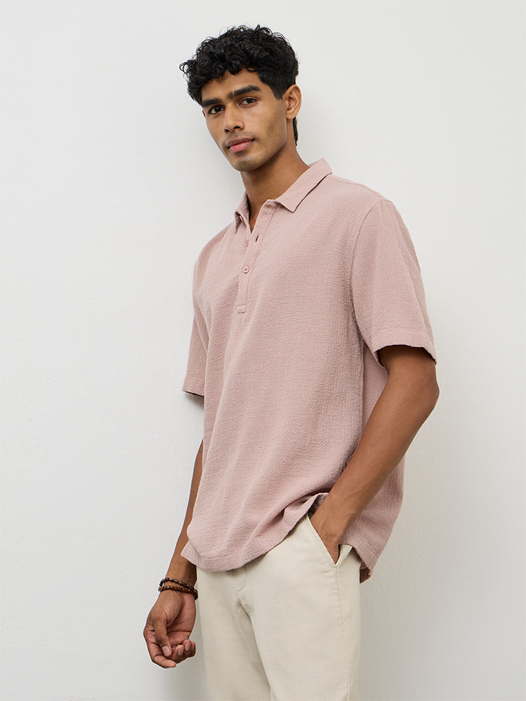 ETA Dusty Pink Textured Relaxed-Fit Cotton Polo T-Shirt