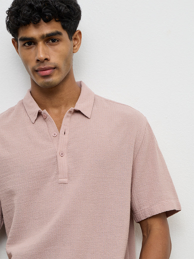 ETA Dusty Pink Textured Relaxed-Fit Cotton Polo T-Shirt