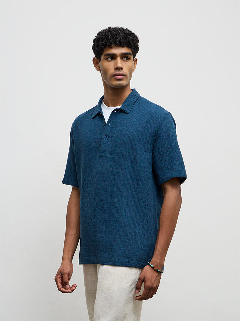 ETA Indigo Textured Relaxed-Fit Cotton Polo T-Shirt
