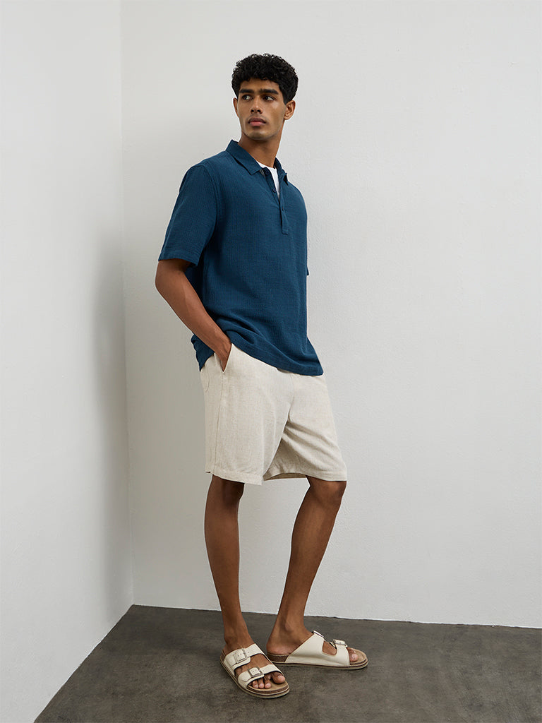 ETA Indigo Textured Relaxed-Fit Cotton Polo T-Shirt