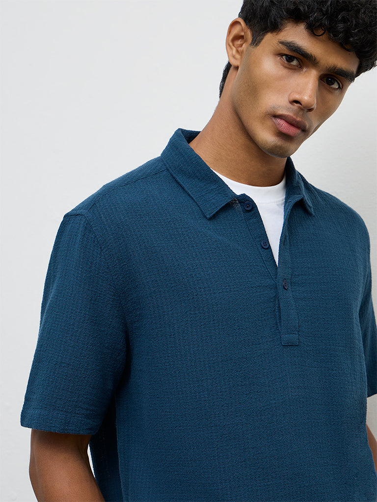ETA Indigo Textured Relaxed-Fit Cotton Polo T-Shirt