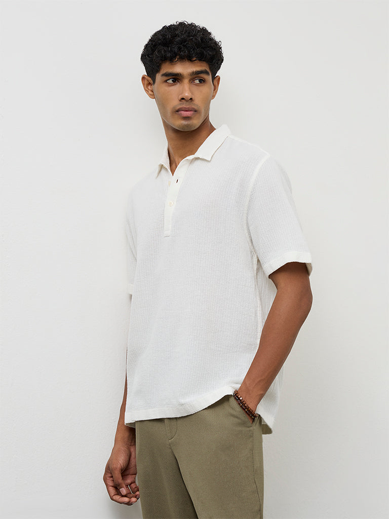 ETA Off-White Stripe-Textured Relaxed-Fit Cotton Polo T-Shirt