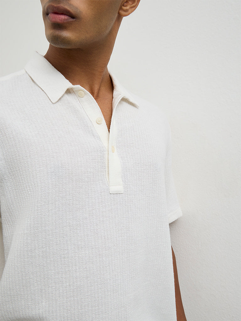 ETA Off-White Stripe-Textured Relaxed-Fit Cotton Polo T-Shirt