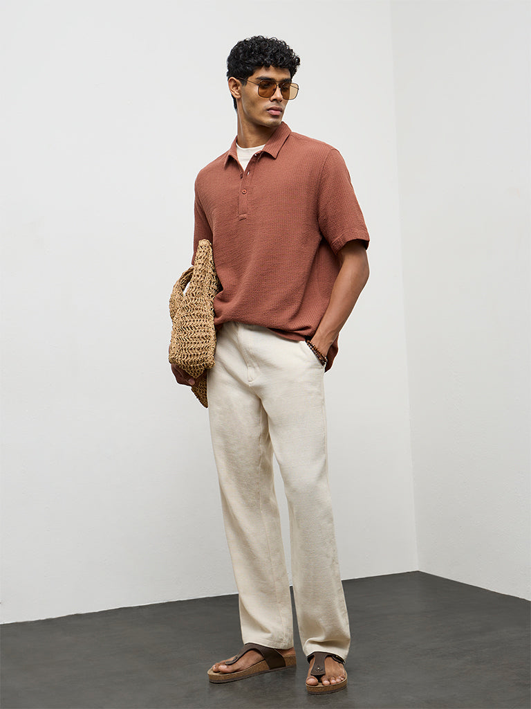 ETA Rust Textured Relaxed-Fit Cotton Polo T-Shirt