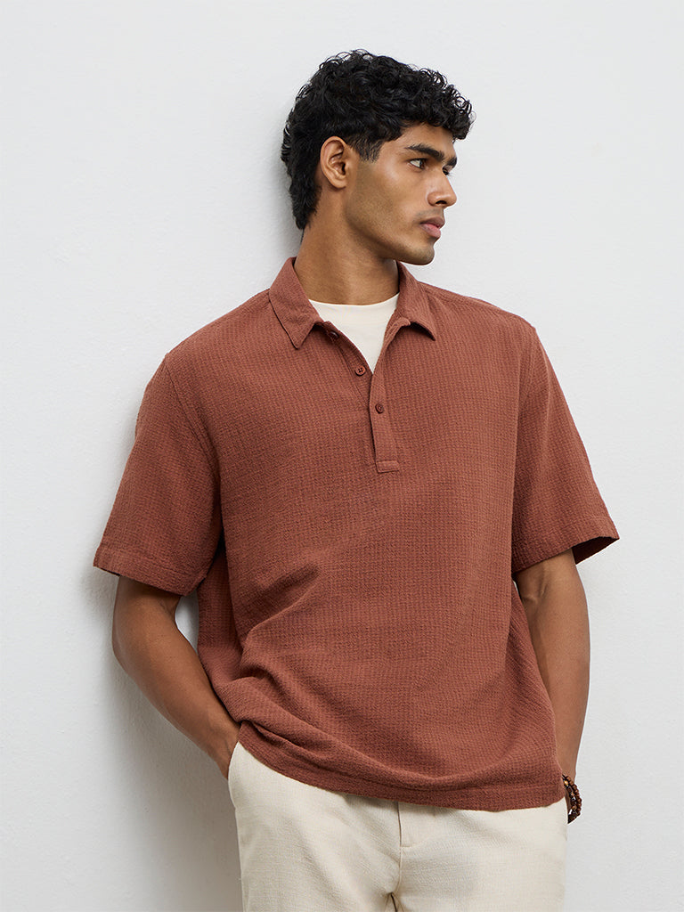 ETA Rust Textured Relaxed-Fit Cotton Polo T-Shirt