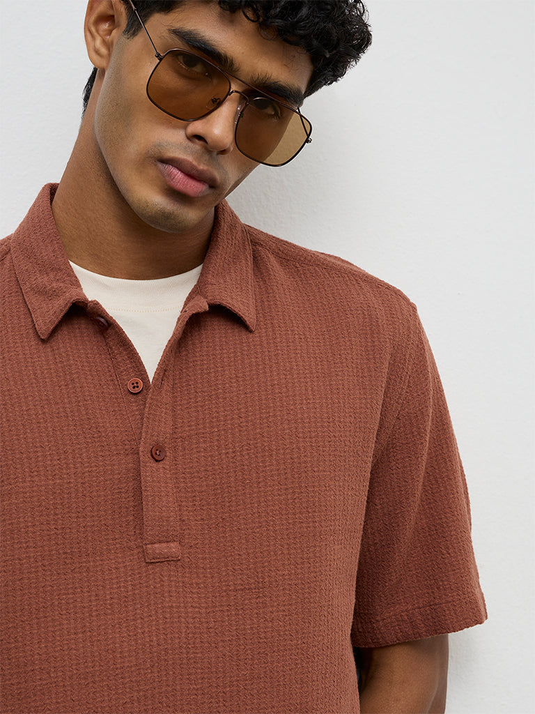 ETA Rust Textured Relaxed-Fit Cotton Polo T-Shirt
