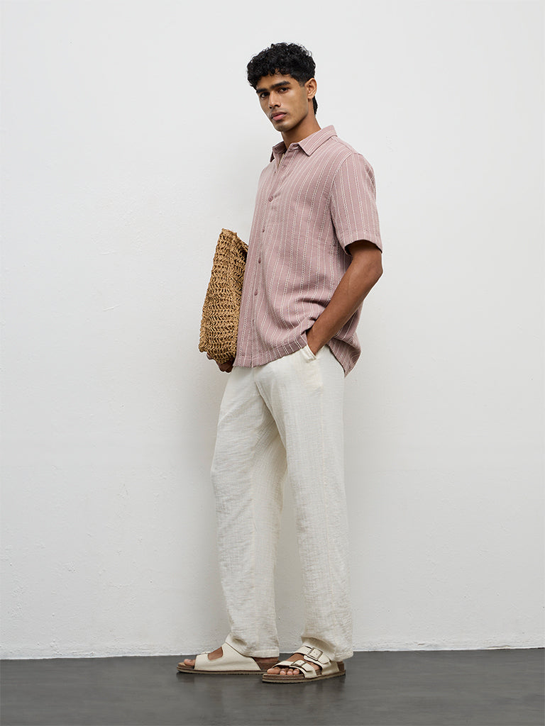 ETA Dusty Pink Stripe Embroidered Relaxed-Fit Cotton Shirt