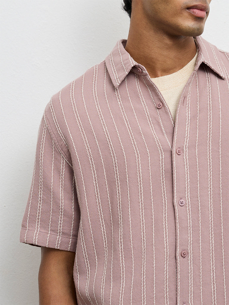 ETA Dusty Pink Stripe Embroidered Relaxed-Fit Cotton Shirt