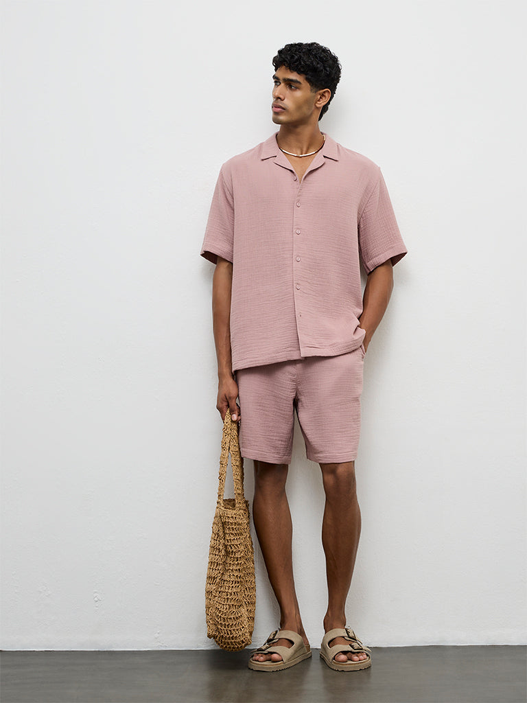 ETA Dusty Pink Crinkle-Textured Relaxed-Fit Cotton Shirt