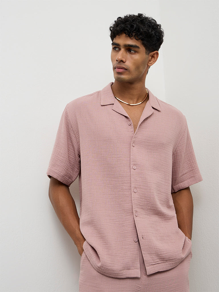 ETA Dusty Pink Crinkle-Textured Relaxed-Fit Cotton Shirt