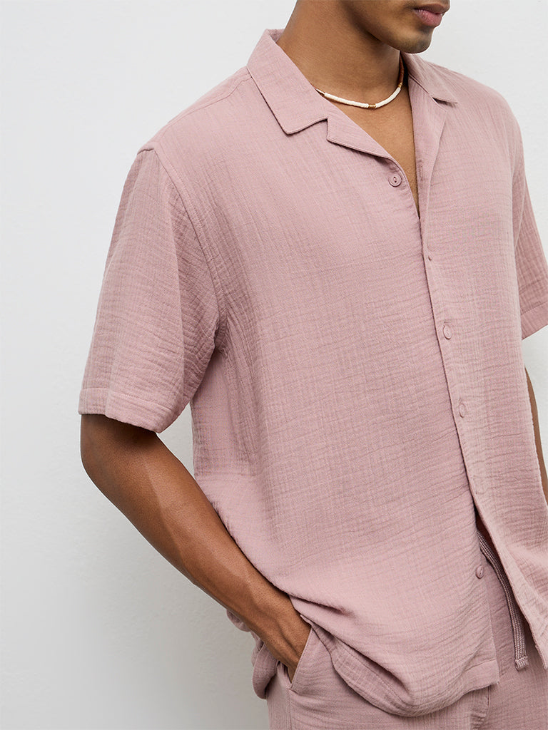 ETA Dusty Pink Crinkle-Textured Relaxed-Fit Cotton Shirt