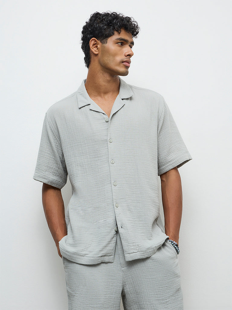 ETA Teal Crinkle-Textured Relaxed-Fit Cotton Shirt