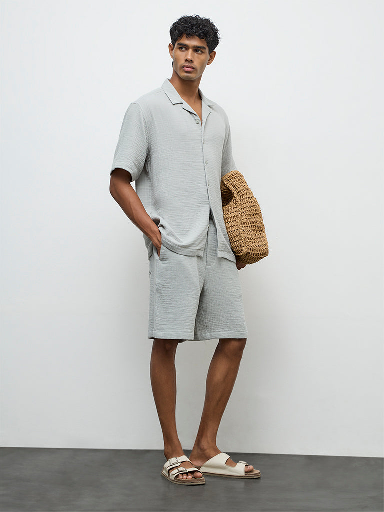 ETA Teal Crinkle-Textured Relaxed-Fit Cotton Shirt