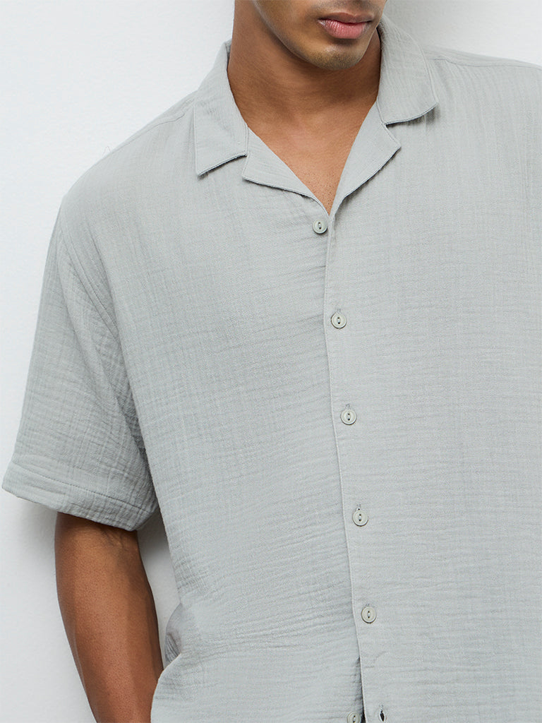 ETA Teal Crinkle-Textured Relaxed-Fit Cotton Shirt